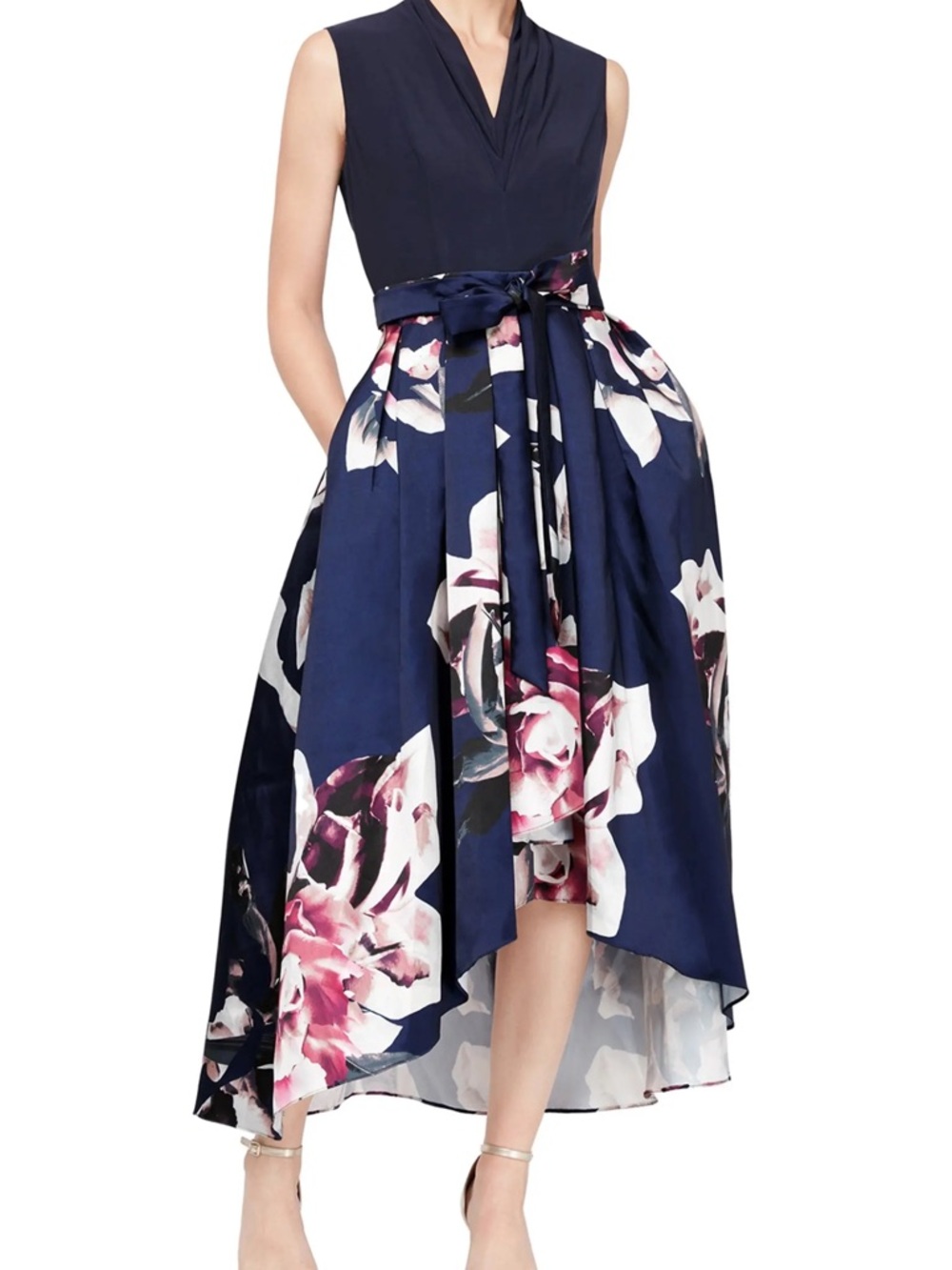 SLNY Navy Floral High-Low Cocktail Dress